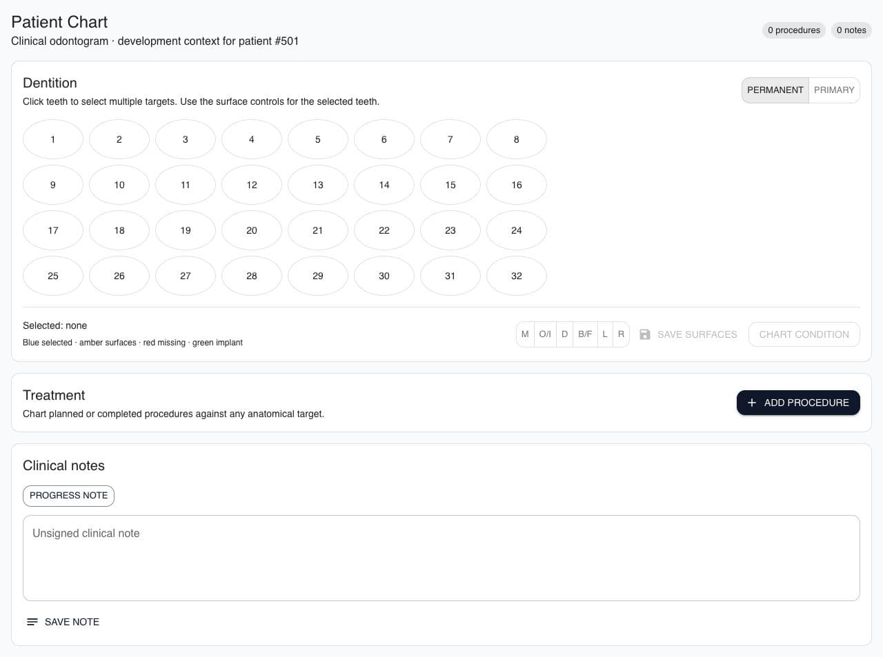 Enlace Dental Patient Chart workspace